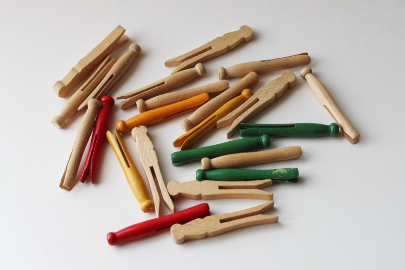 photo of tiny old wooden clothespins, vintage painted wood clothes pegs for doll size laundry #1