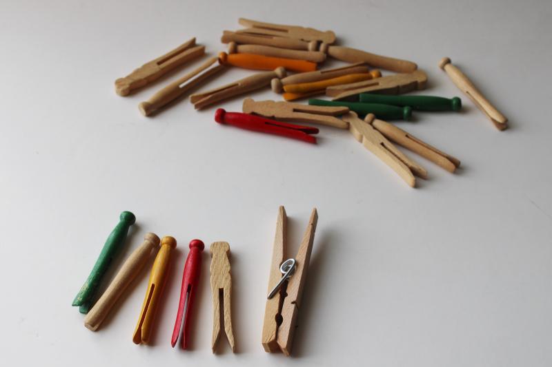 photo of tiny old wooden clothespins, vintage painted wood clothes pegs for doll size laundry #2