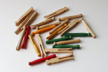 catalog photo of tiny old wooden clothespins, vintage painted wood clothes pegs for doll size laundry
