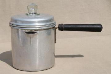 catalog photo of tiny one cup stovetop coffee pot, vintage percolator for camping or travel trailer