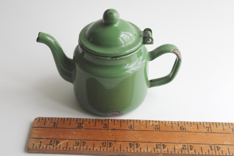 photo of tiny one cup teapot, vintage green enamelware cottage kitchen tea pot  #2