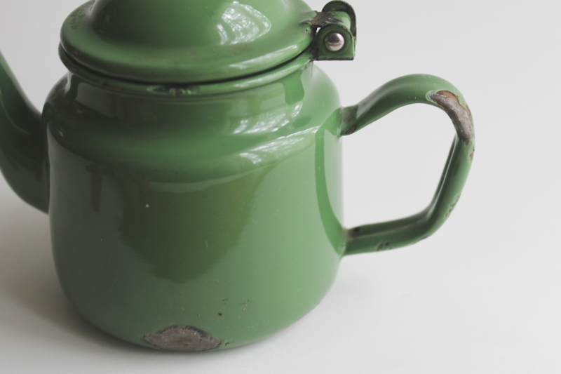 photo of tiny one cup teapot, vintage green enamelware cottage kitchen tea pot  #3