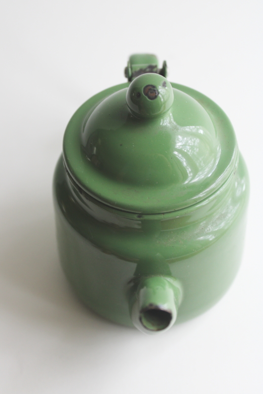 photo of tiny one cup teapot, vintage green enamelware cottage kitchen tea pot  #4