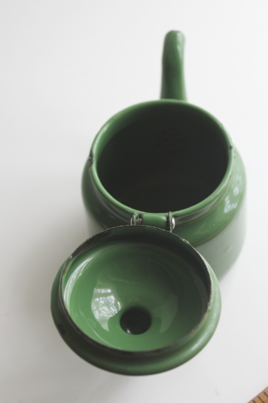 photo of tiny one cup teapot, vintage green enamelware cottage kitchen tea pot  #5