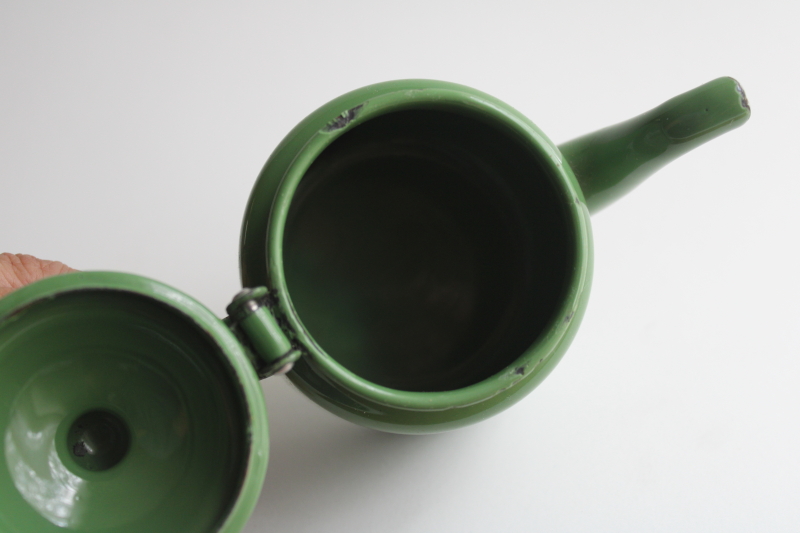 photo of tiny one cup teapot, vintage green enamelware cottage kitchen tea pot  #6