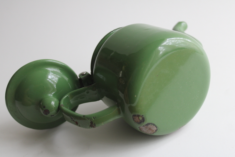 photo of tiny one cup teapot, vintage green enamelware cottage kitchen tea pot  #7