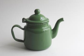 catalog photo of tiny one cup teapot, vintage green enamelware cottage kitchen tea pot 