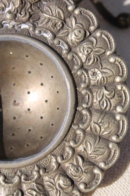 photo of tiny ornate metal tea strainer on stand, vintage Italian silver plate over brass #5