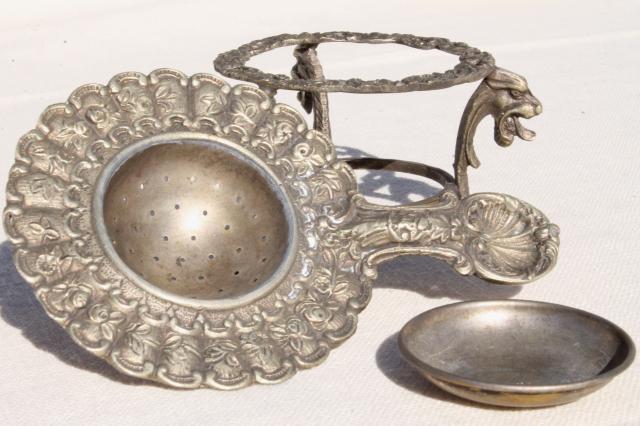 photo of tiny ornate metal tea strainer on stand, vintage Italian silver plate over brass #6