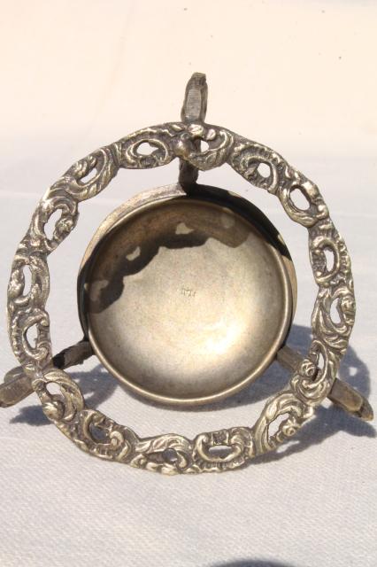 photo of tiny ornate metal tea strainer on stand, vintage Italian silver plate over brass #9