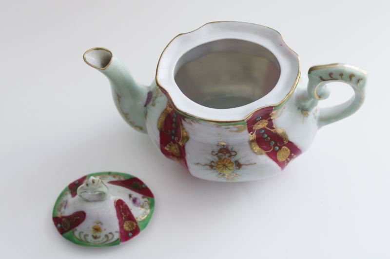 photo of tiny ornate vintage china teapot for one, hand painted French rococo style #2