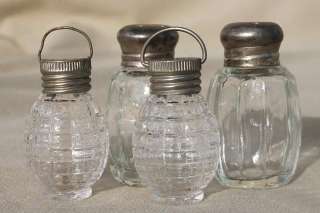 photo of tiny pressed glass salt & pepper shakers, mini S&P sets w/ metal lids #1