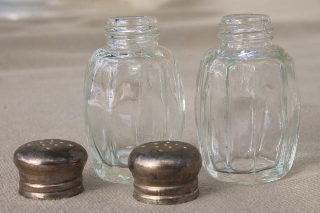 photo of tiny pressed glass salt & pepper shakers, mini S&P sets w/ metal lids #3