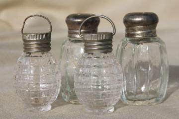 catalog photo of tiny pressed glass salt & pepper shakers, mini S&P sets w/ metal lids