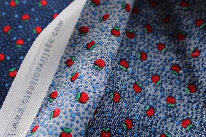 photo of tiny print quilting cotton fabric, red apples on navy blue marked VIP Cranston #3