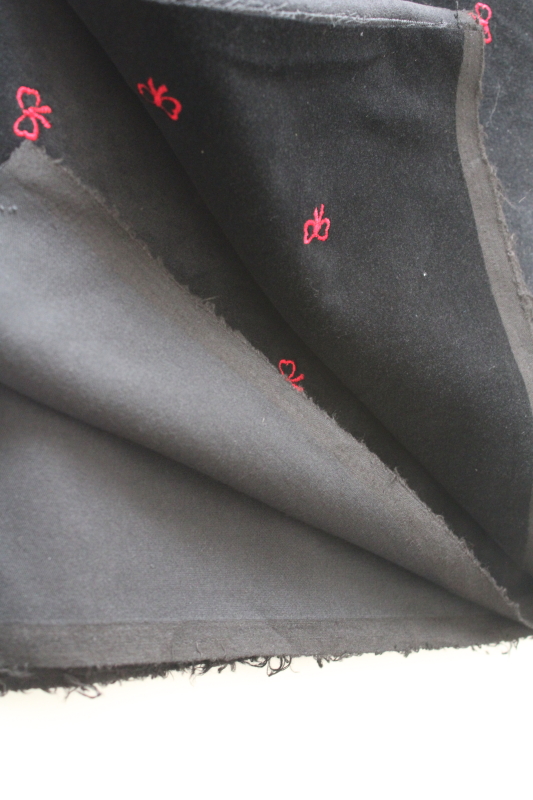 photo of tiny red bows embroidered black cotton velveteen fabric, coquette goth girly  #3