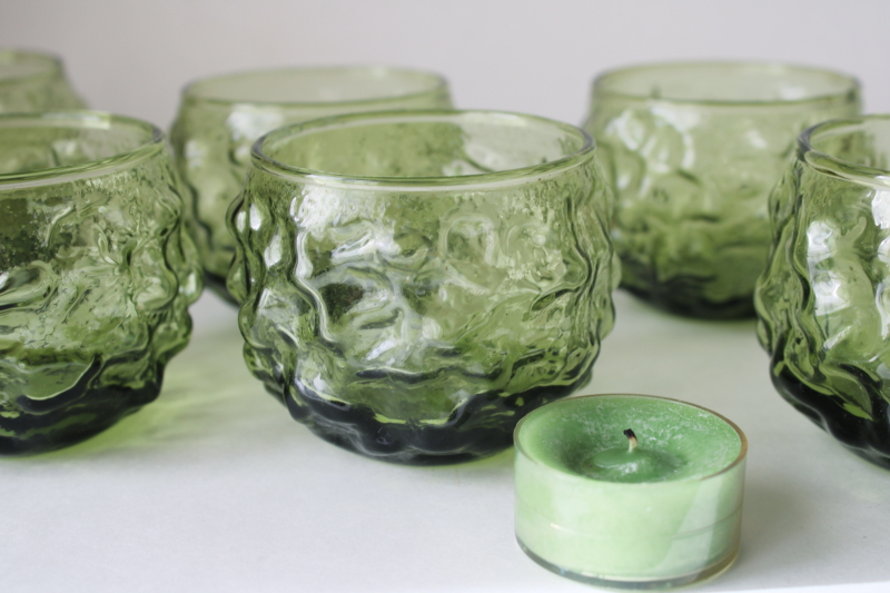 photo of tiny roly poly round juice or drinks glasses, vintage green crinkle glass Anchor Hocking Milano  #2