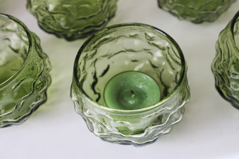 photo of tiny roly poly round juice or drinks glasses, vintage green crinkle glass Anchor Hocking Milano  #3