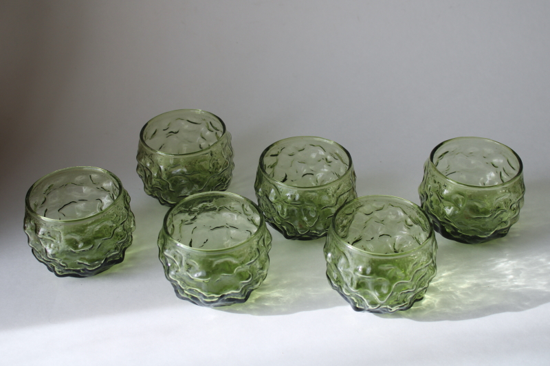 photo of tiny roly poly round juice or drinks glasses, vintage green crinkle glass Anchor Hocking Milano  #5