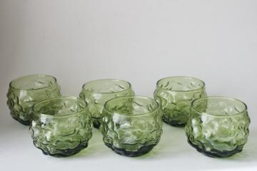 catalog photo of tiny roly poly round juice or drinks glasses, vintage green crinkle glass Anchor Hocking Milano 