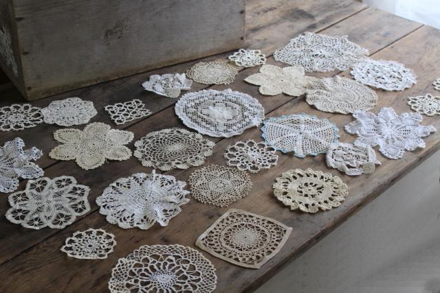 photo of tiny round vintage lace doilies & centerpieces, crochet & tatted lace doily lot #1