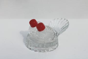 catalog photo of tiny salt and pepper shakers in glass caddy tray, vintage clear glass S&P w/ red plastic lids