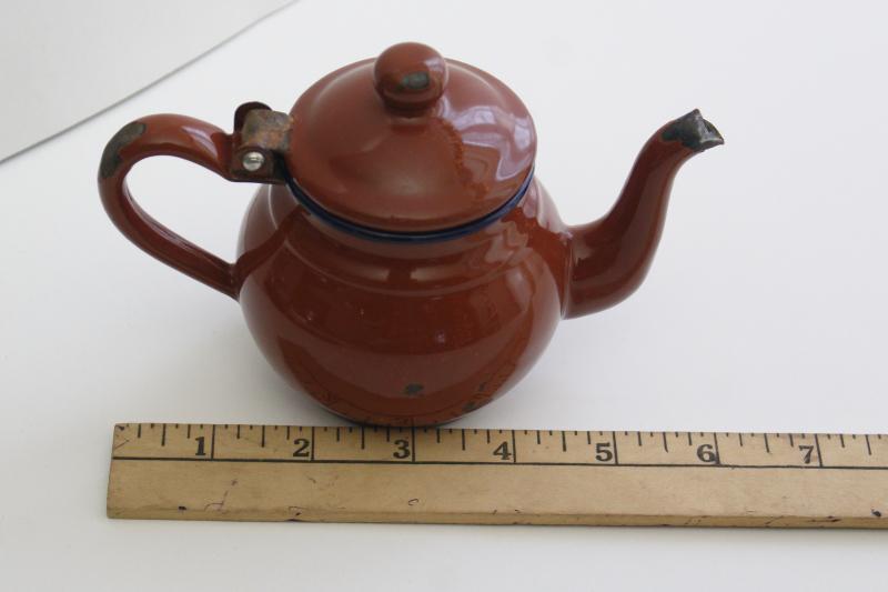 photo of tiny shabby old enamelware teapot, one cup child's size tea pot vintage enamel metal #2