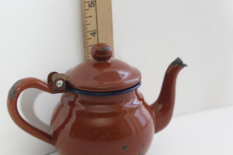 photo of tiny shabby old enamelware teapot, one cup child's size tea pot vintage enamel metal #3