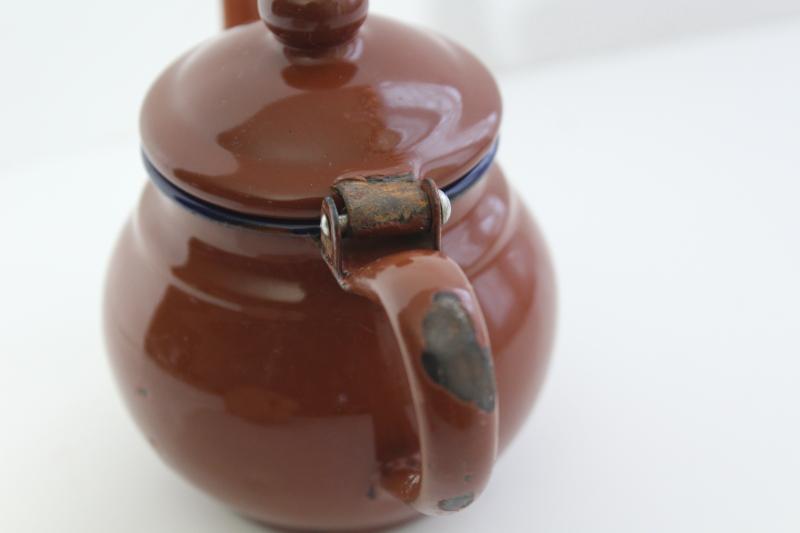 photo of tiny shabby old enamelware teapot, one cup child's size tea pot vintage enamel metal #5