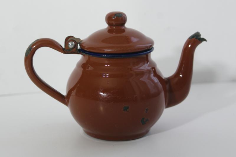 photo of tiny shabby old enamelware teapot, one cup child's size tea pot vintage enamel metal #6
