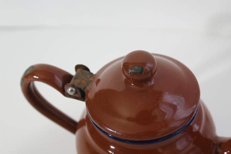 photo of tiny shabby old enamelware teapot, one cup child's size tea pot vintage enamel metal #7