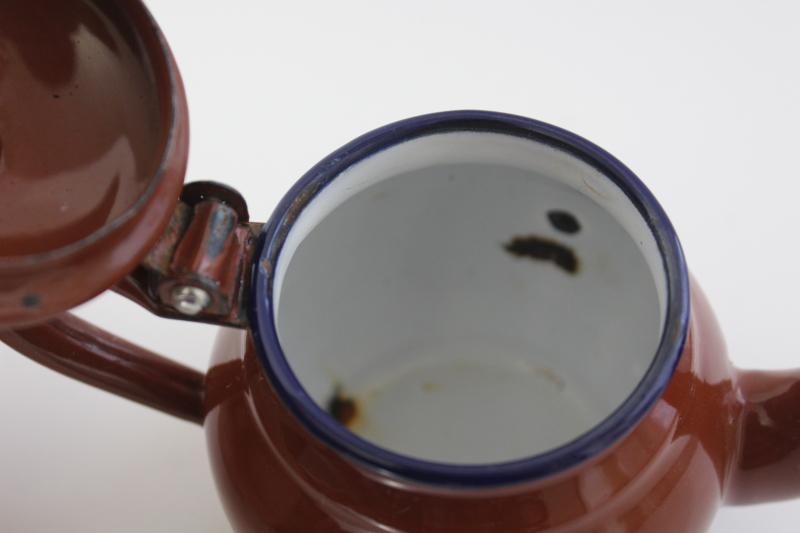 photo of tiny shabby old enamelware teapot, one cup child's size tea pot vintage enamel metal #8