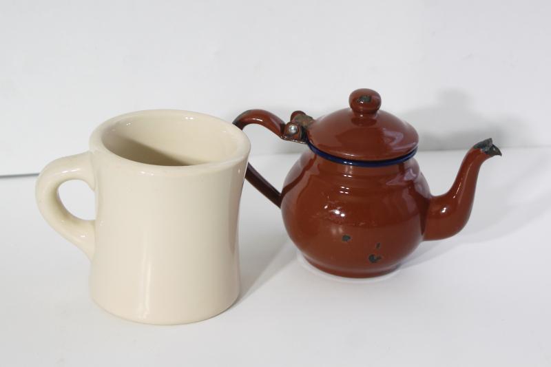 photo of tiny shabby old enamelware teapot, one cup child's size tea pot vintage enamel metal #11