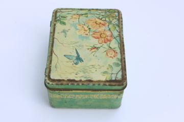 catalog photo of tiny trinket box, shabby vintage chocolate tin aqua blue w/ butterflies & flowers 