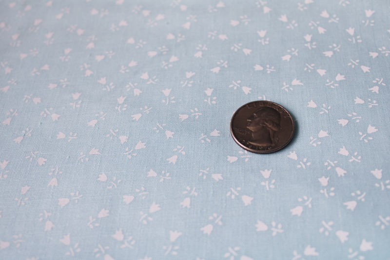 photo of tiny tulips print in white on pale blue, 70s vintage cotton blend fabric #1