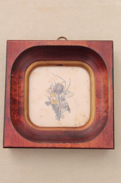 photo of tiny vintage botanical floral prints in deep wood frames, old artwork miniatures  #3