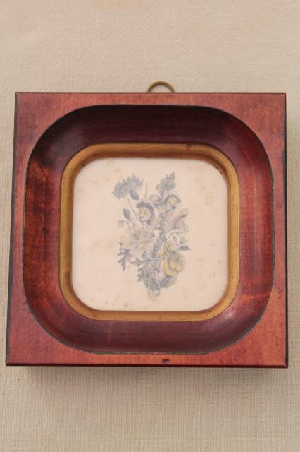 photo of tiny vintage botanical floral prints in deep wood frames, old artwork miniatures  #5