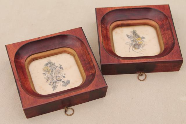 photo of tiny vintage botanical floral prints in deep wood frames, old artwork miniatures  #7