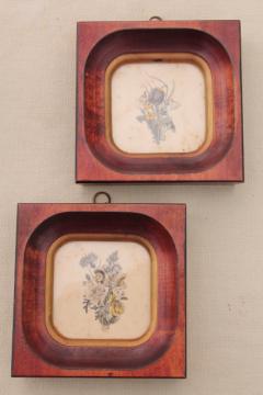 catalog photo of tiny vintage botanical floral prints in deep wood frames, old artwork miniatures 