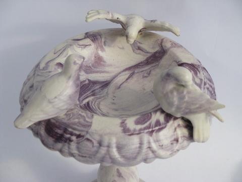 photo of tiny vintage ceramic bird bath pedestal bowl, lavender & white marble #2