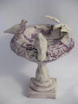 catalog photo of tiny vintage ceramic bird bath pedestal bowl, lavender & white marble