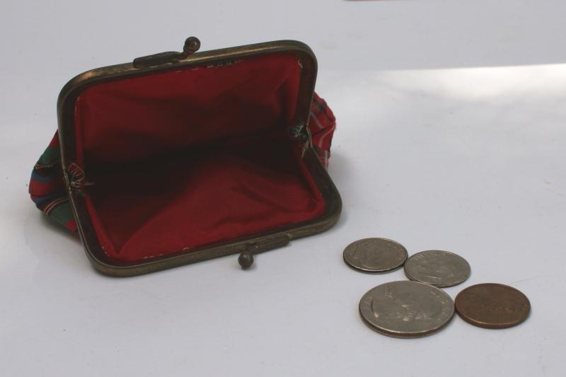 photo of tiny vintage coin purse, red tartan plaid taffeta little girls change purse #2