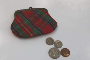 catalog photo of tiny vintage coin purse, red tartan plaid taffeta little girls change purse