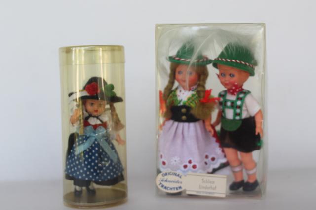 photo of tiny vintage hard plastic dolls in Bavarian & Austrian folk costumes, dollhouse dolls #1