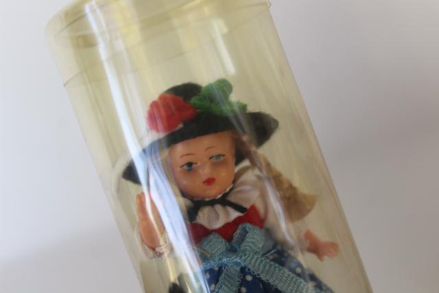 photo of tiny vintage hard plastic dolls in Bavarian & Austrian folk costumes, dollhouse dolls #2