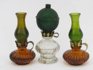 catalog photo of tiny vintage perfume bottles, miniature glass oil lamps w/ shades