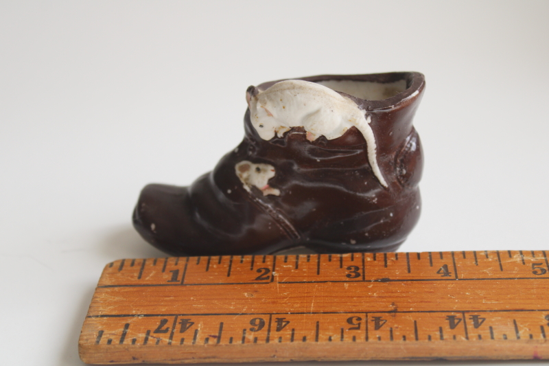 photo of tiny vintage planter pot, old brown boot w/ family of white mice, vintage hand painted Japan #1