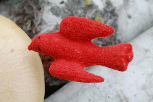 photo of tiny vintage red flocked birds, Christmas tree ornaments or winter holiday decorations #1