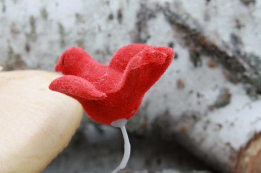 photo of tiny vintage red flocked birds, Christmas tree ornaments or winter holiday decorations #5