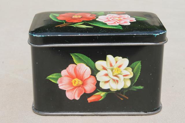 photo of tiny vintage tea tin w/ camellia flowers, floral print metal box tea canister #1